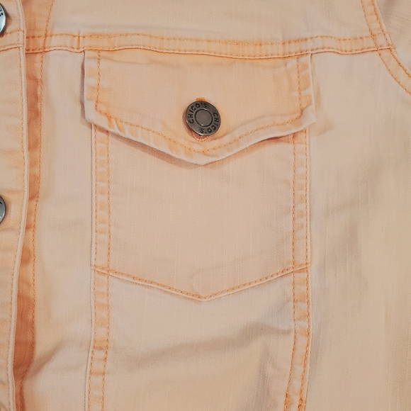 Chico's Womens Peach Long Sleeve Denim Jacket With Silver Logo Buttons Size 0 - Picture 10 of 11